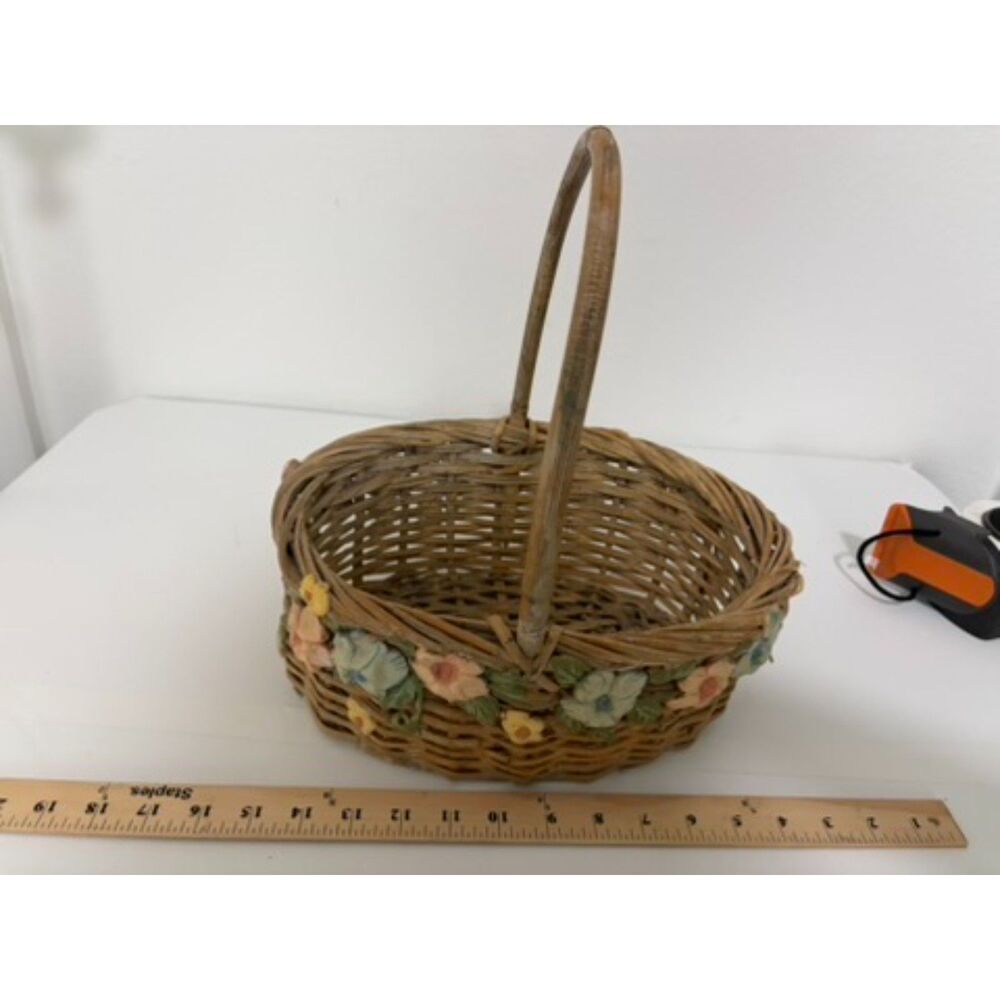 vtg. Woven Basket with ceramic flowers